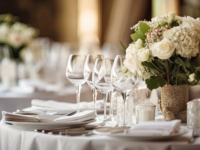 a set table with plates, napkins and forks as well as wine glasses with a bouquet of white flowers